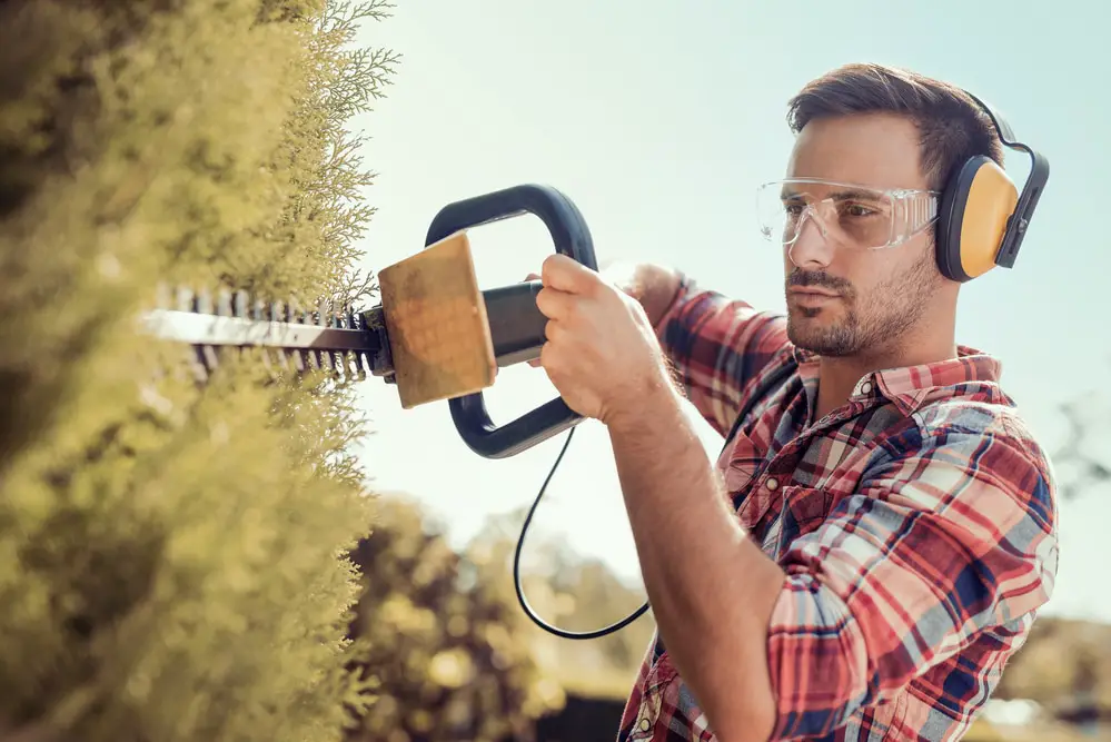 A man cutting plants while wearing safety glasses and noise-cancelling headphones